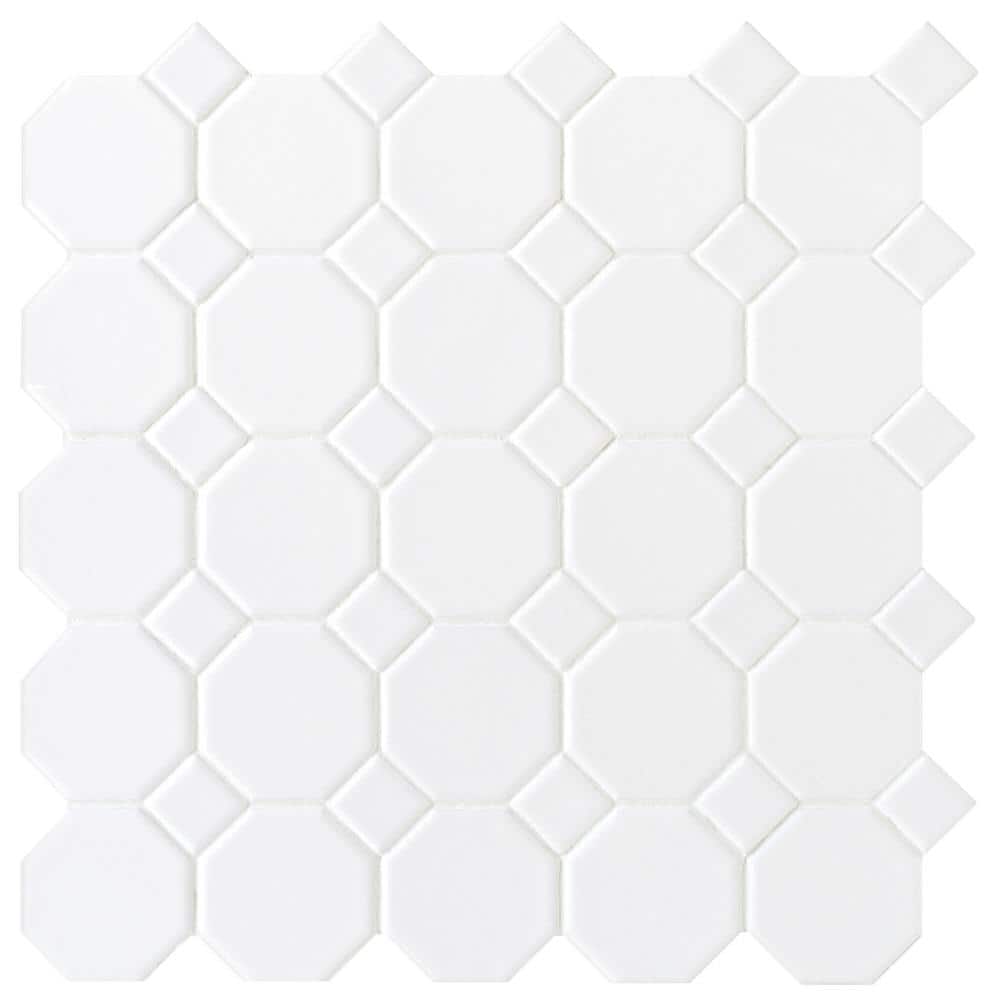 Octagon and Dot Matte White with White Dot 12 in. x 12 in. Glazed Ceramic Mosaic Tile (10 sq. ft./case)