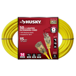 Husky 50 ft. 14/3 Medium Duty Indoor/Outdoor Extension Cord with Lighted End, Yellow - Stu's Home Improvement Outlet
