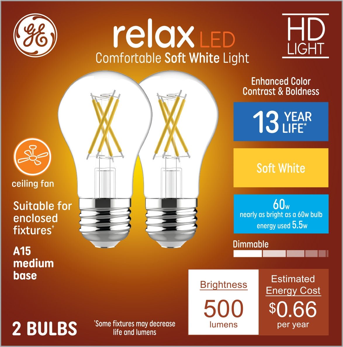 GE Relax 60 - Watt EQ A15 Soft White Medium Base (e - 26) Dimmable LED General Purpose Light Bulb (2 - Pack) - Stu's Home Improvement Outlet