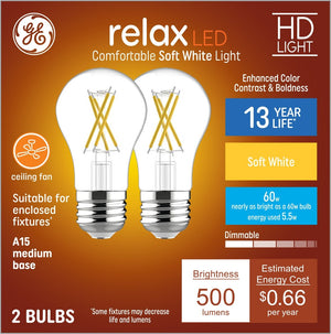 GE Relax 60 - Watt EQ A15 Soft White Medium Base (e - 26) Dimmable LED General Purpose Light Bulb (2 - Pack) - Stu's Home Improvement Outlet
