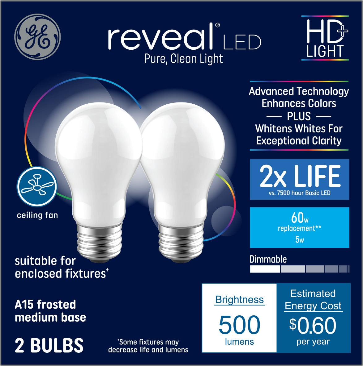 GE Reveal HD 60-Watt EQ A15 Color-enhancing Medium Base (e-26) Dimmable LED General Purpose Light Bulb (2-Pack)
