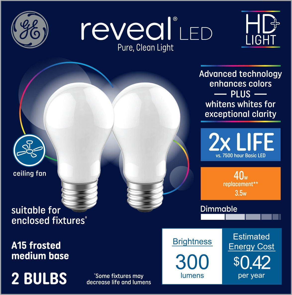 GE Reveal 40-Watt EQ A15 Color-enhancing Medium Base (e-26) Dimmable LED General Purpose Light Bulb (2-Pack)