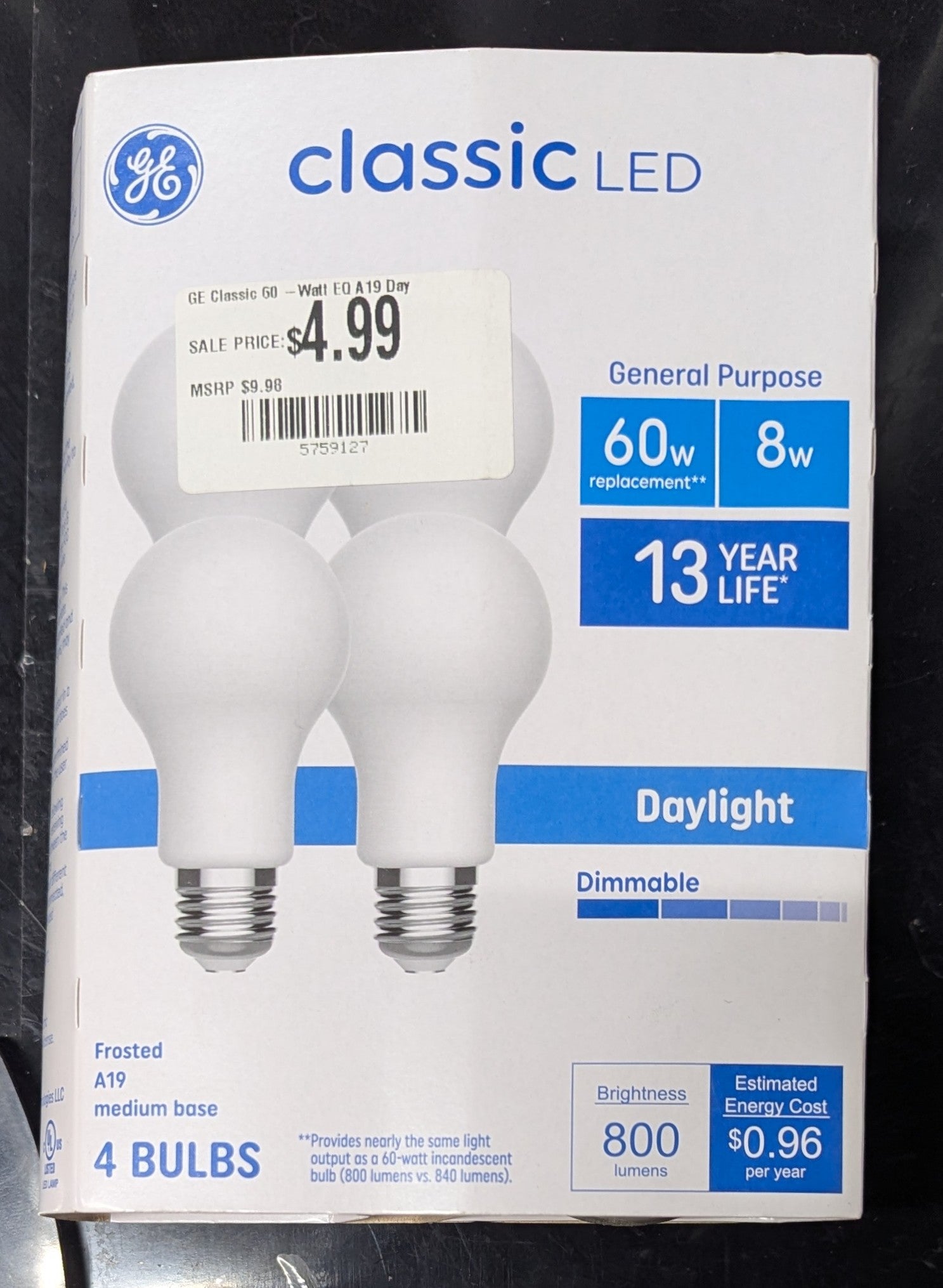 GE Classic 60 -Watt EQ A19 Daylight Medium base (E-26) Dimmable LED General purpose Light Bulb 4 -Pack