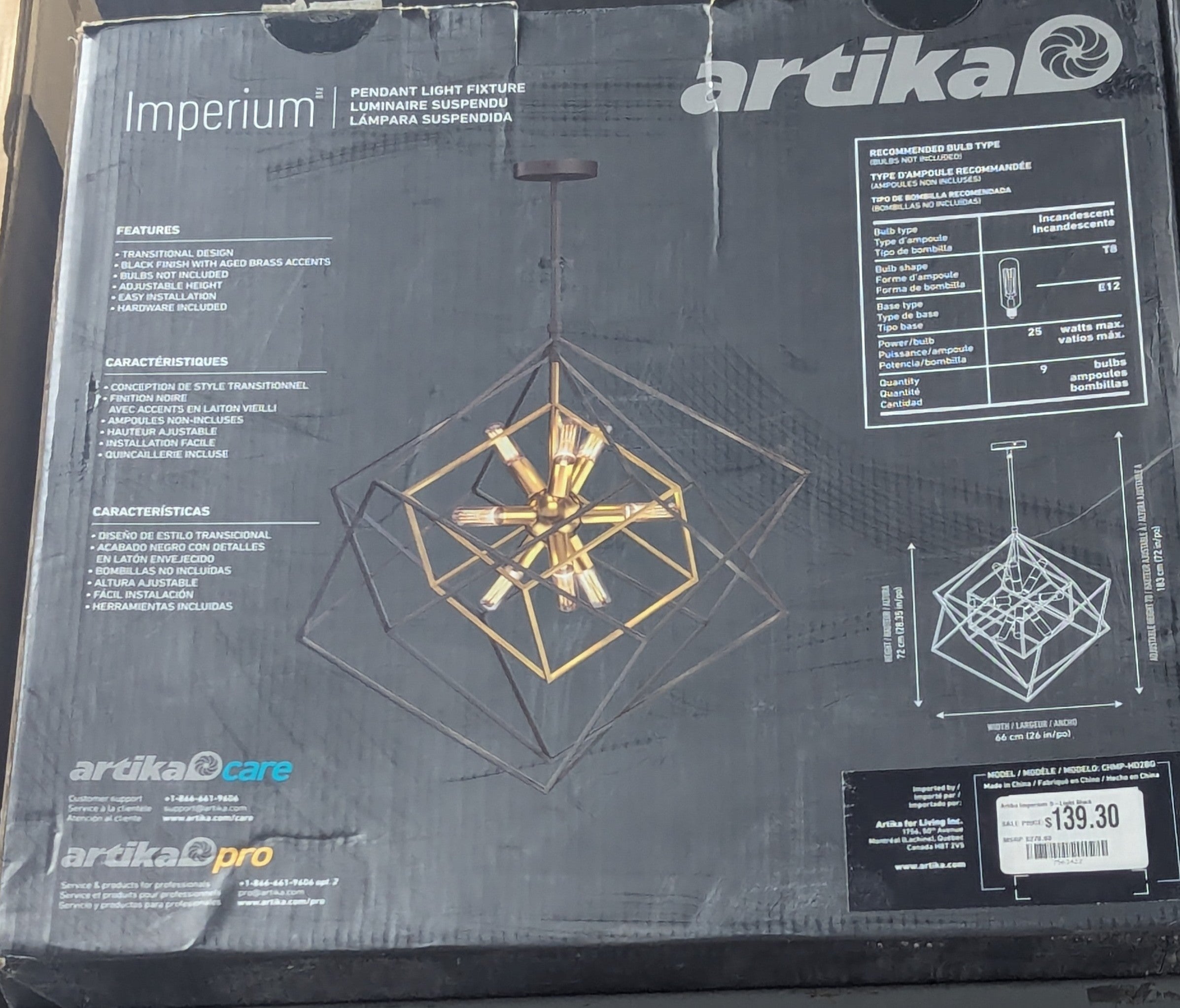 Artika Imperium 9-Light Black and Gold Modern Sputnik Geometric Chandelier Light Fixture for Dining Room or Kitchen