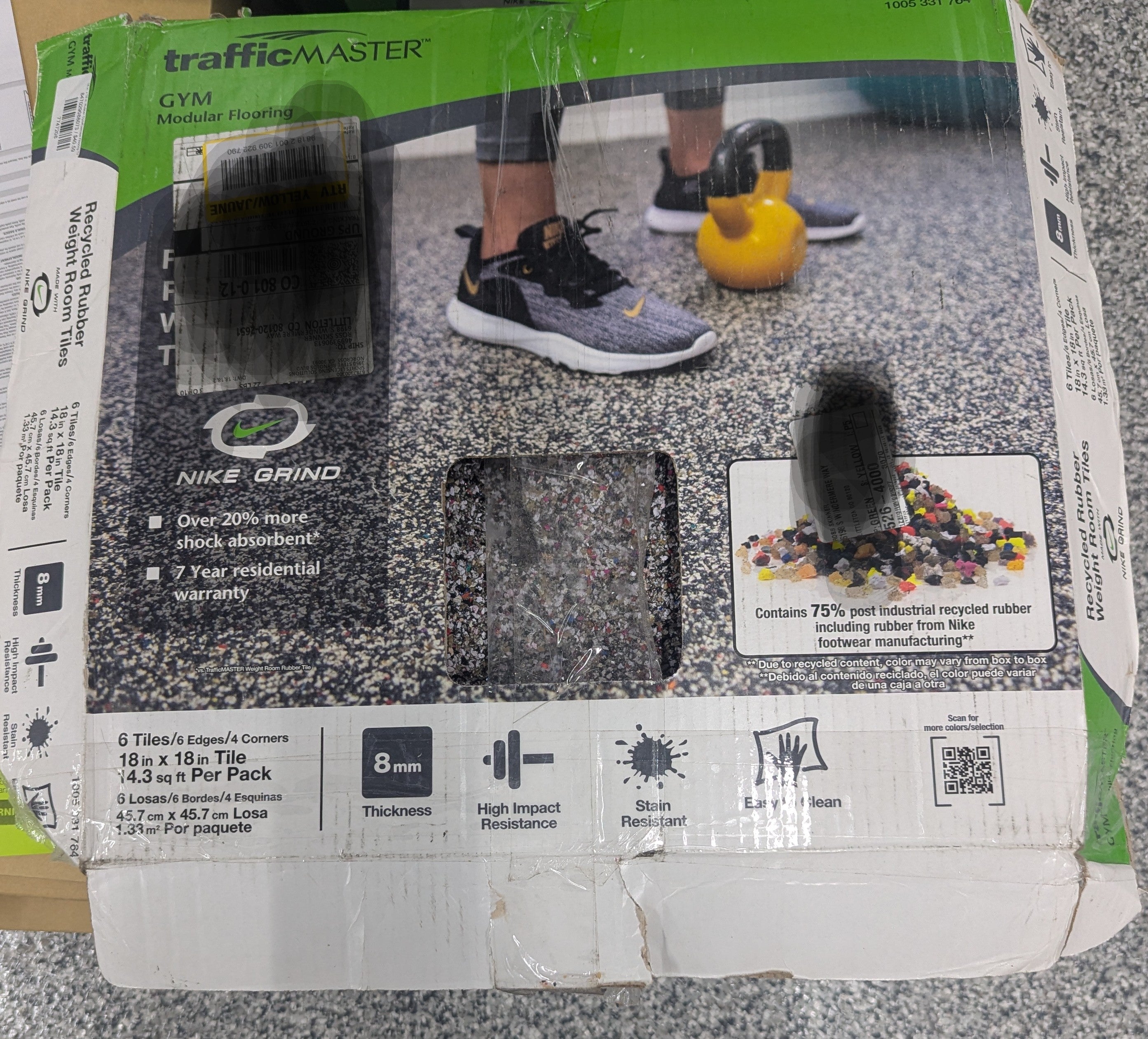 18 in. x 18 in. Rubber Gym/Exercise Flooring Tiles with Nike Grind (14.32 sq. ft.) (6-Pack) Colors will Vary