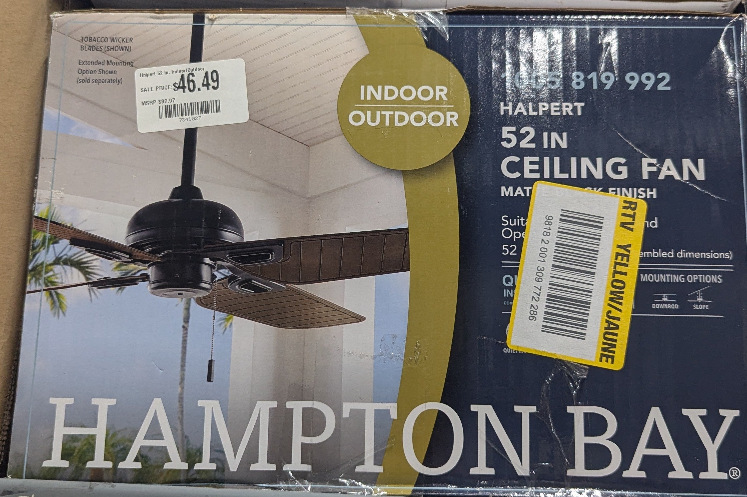 Halpert 52 in. Indoor/Outdoor Matte Black Wet Rated Downrod Ceiling Fan with 4 Weatherproof, ABS QuickInstall Blades