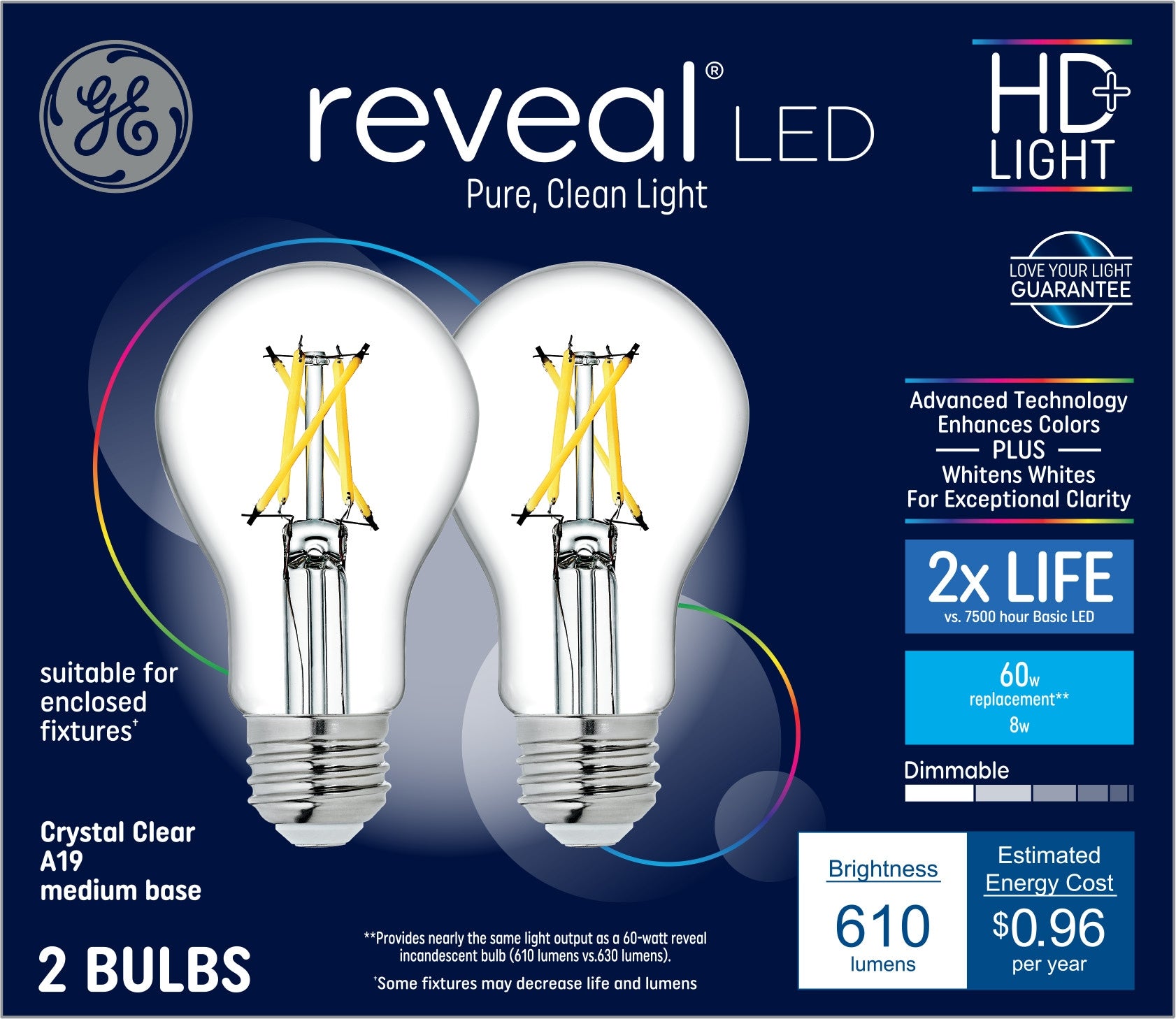 GE Reveal 60 -Watt EQ A19 Color-enhancing Medium base (E-26) Dimmable LED General purpose Light Bulb 2 -Pack