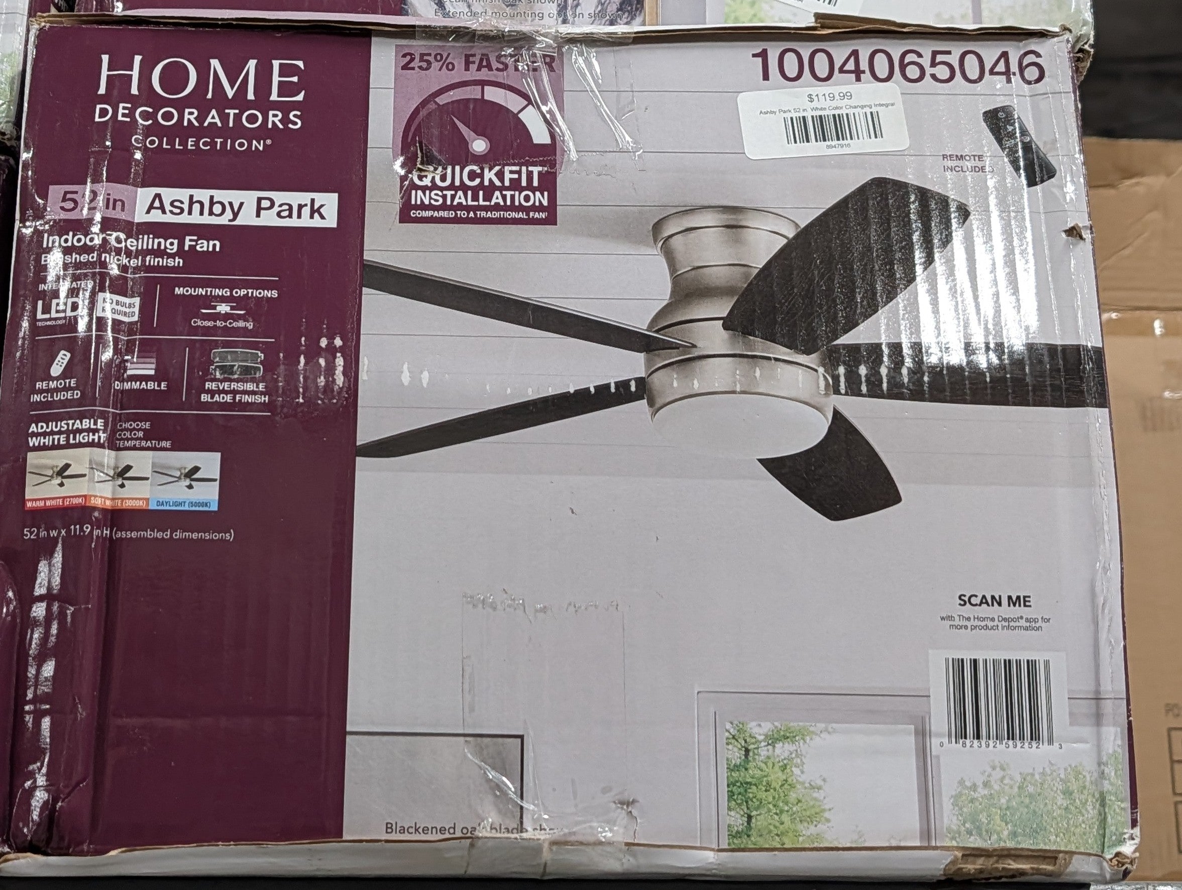 Ashby Park 52 in. White Color Changing Integrated LED Brushed Nickel Ceiling Fan with Light Kit and Remote Control