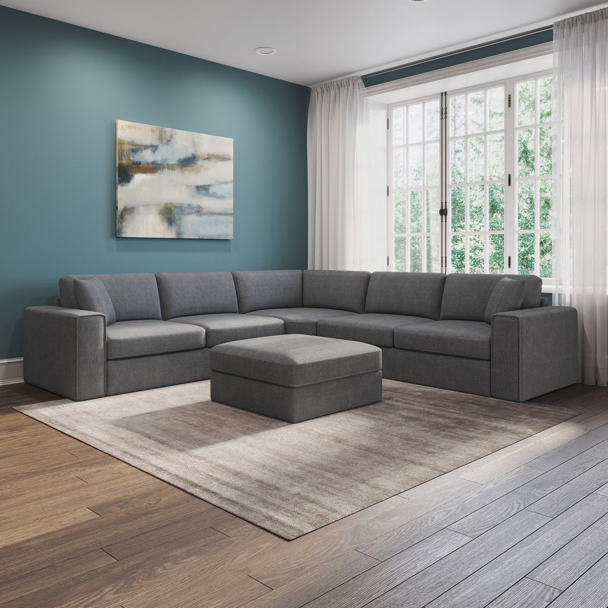 Brain Fabric Sectional with Storage Seats and Ottoman Gray