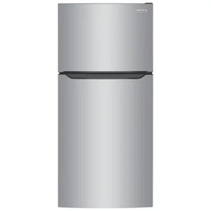 Silver top-freezer refrigerator with a sleek design and minimalistic features.