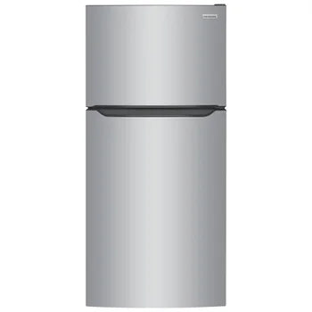Silver top-freezer refrigerator with a sleek design and minimalistic features.