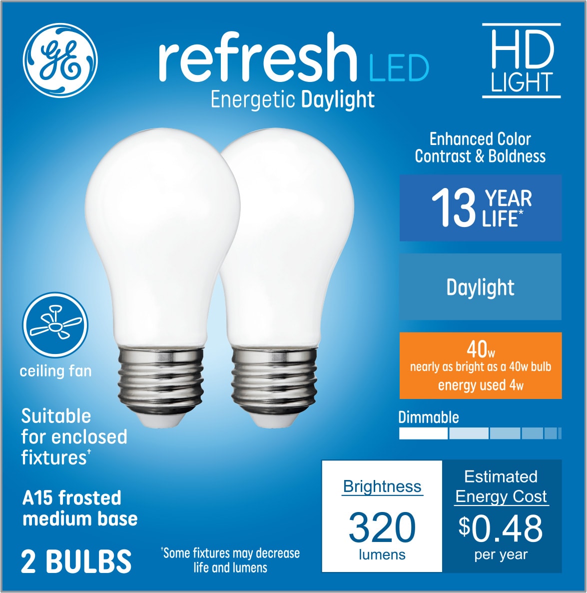 GE Refresh 40-Watt EQ A15 Daylight Medium Base (e-26) Dimmable LED General Purpose Light Bulb (2-Pack)