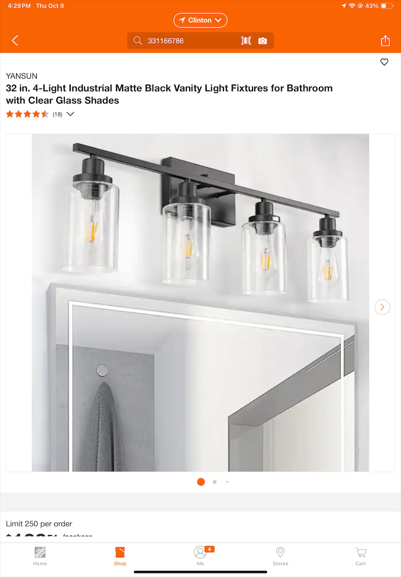 32” Industrial Matte Black 4-Light Bathroom Vanity Fixture with Clear Glass Shades