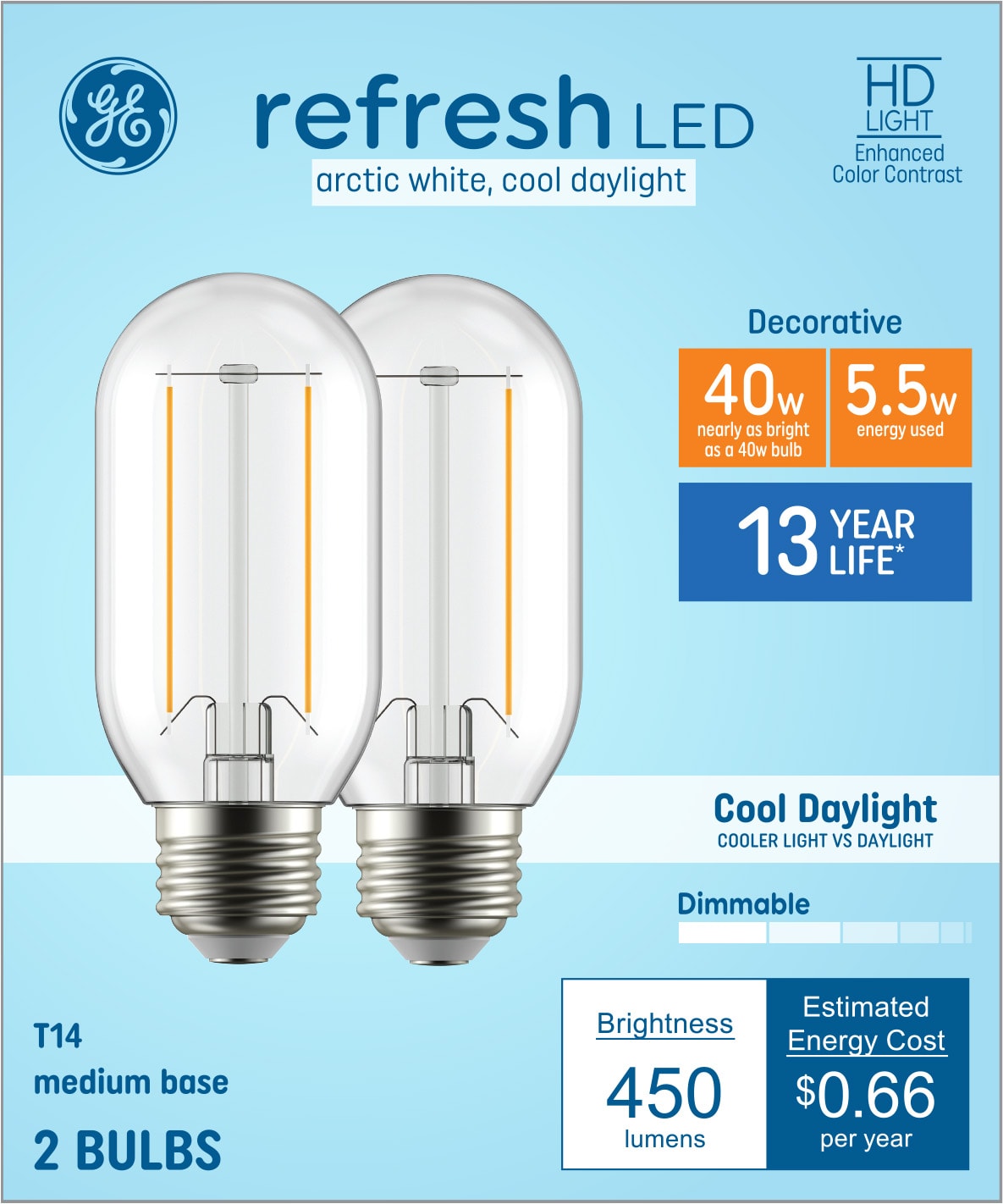 GE 40-Watt EQ T14 Cool Daylight Medium Base (e-26) Dimmable LED Decorative Light Bulb (2-Pack)