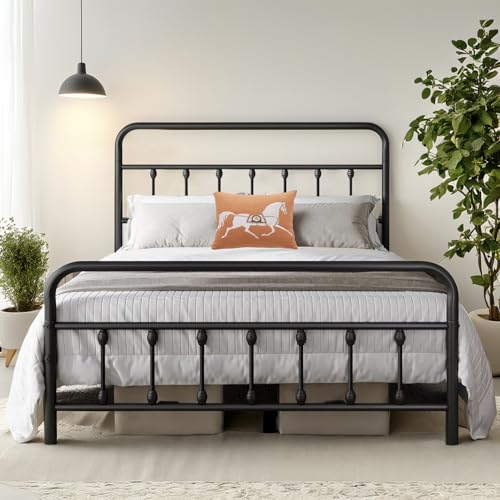 Queen Bed Frame-Classic Metal Platform Bed Frame Mattress Foundation with Victorian Style Iron-Art Headboard/Footboard/Under Bed Storage/No Box Spring Needed/Black
