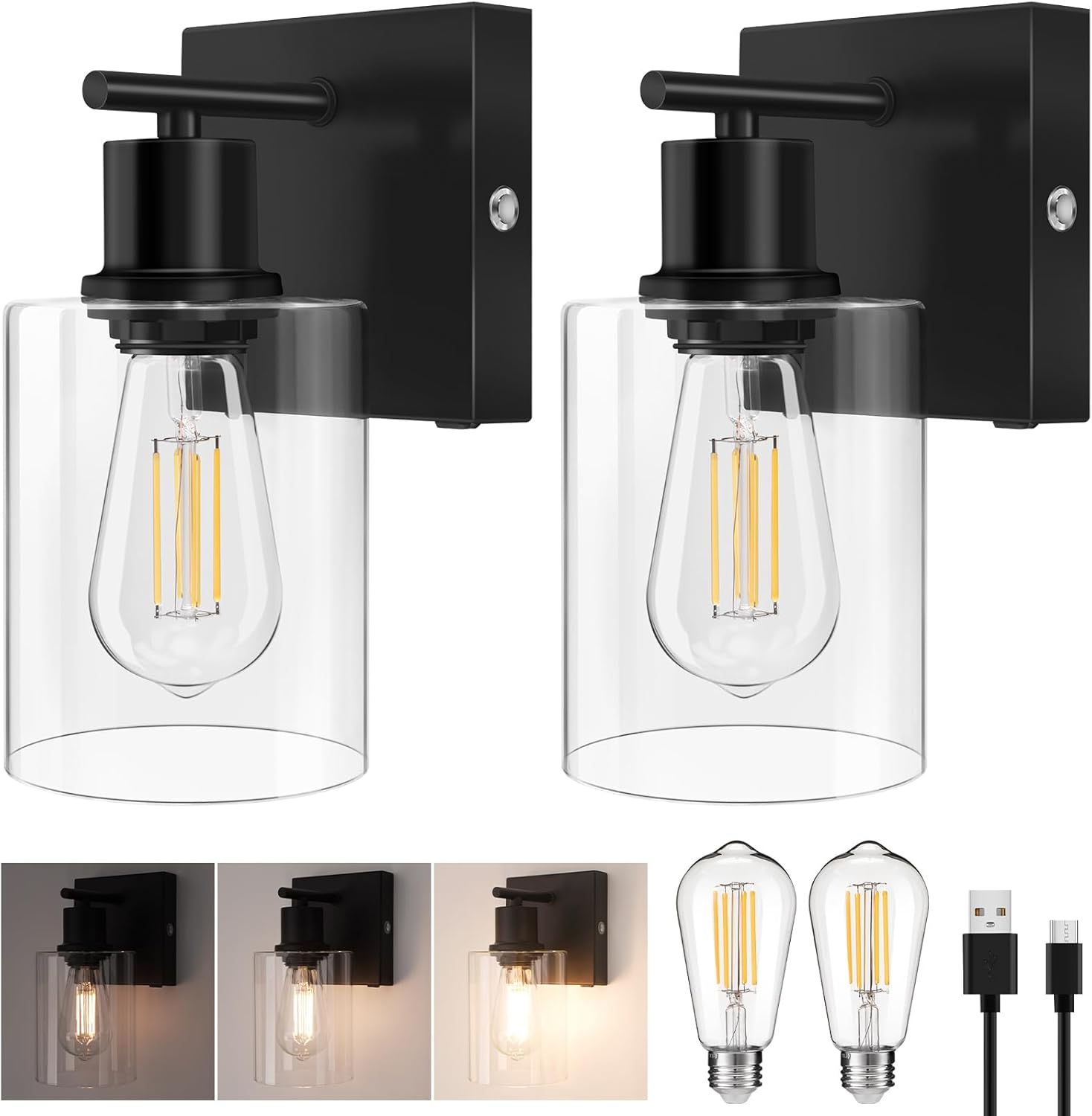 Battery Operated Wall Sconce Set of 2, Black Wireless Rechargeable Wall Mounted Lamp with Bulb, Modern Dimmable Indoor Non-Hardwired Decor Lighting Fixture for Bedroom Living Room Mirror Bathroom