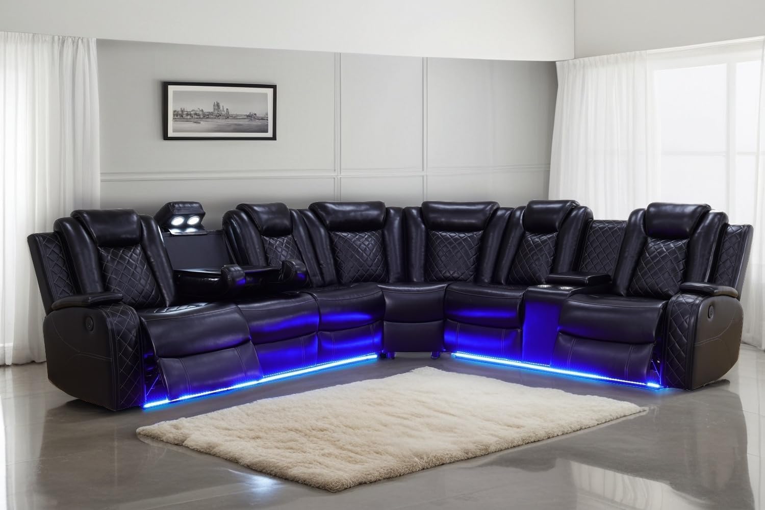 Power Recliner Sofa Sectional Sofa with LED Light for Living Room, Air Leather Reclining Corner Sectional Sofa Set, Cup Holder, Storage Console for Home Theater Seating (Black, Sectional)
