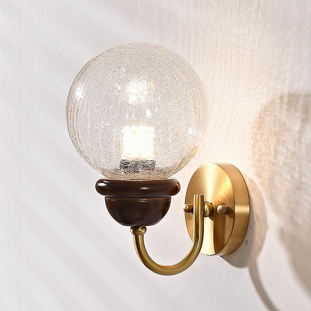Creative Cracked Glass Wall Sconce Retro Ash Wood Lamp Modern Brushed Brass Home Decor Lighting Fixture, Elegant Postmodern Globe Hardwired Sconces for Bedroom,