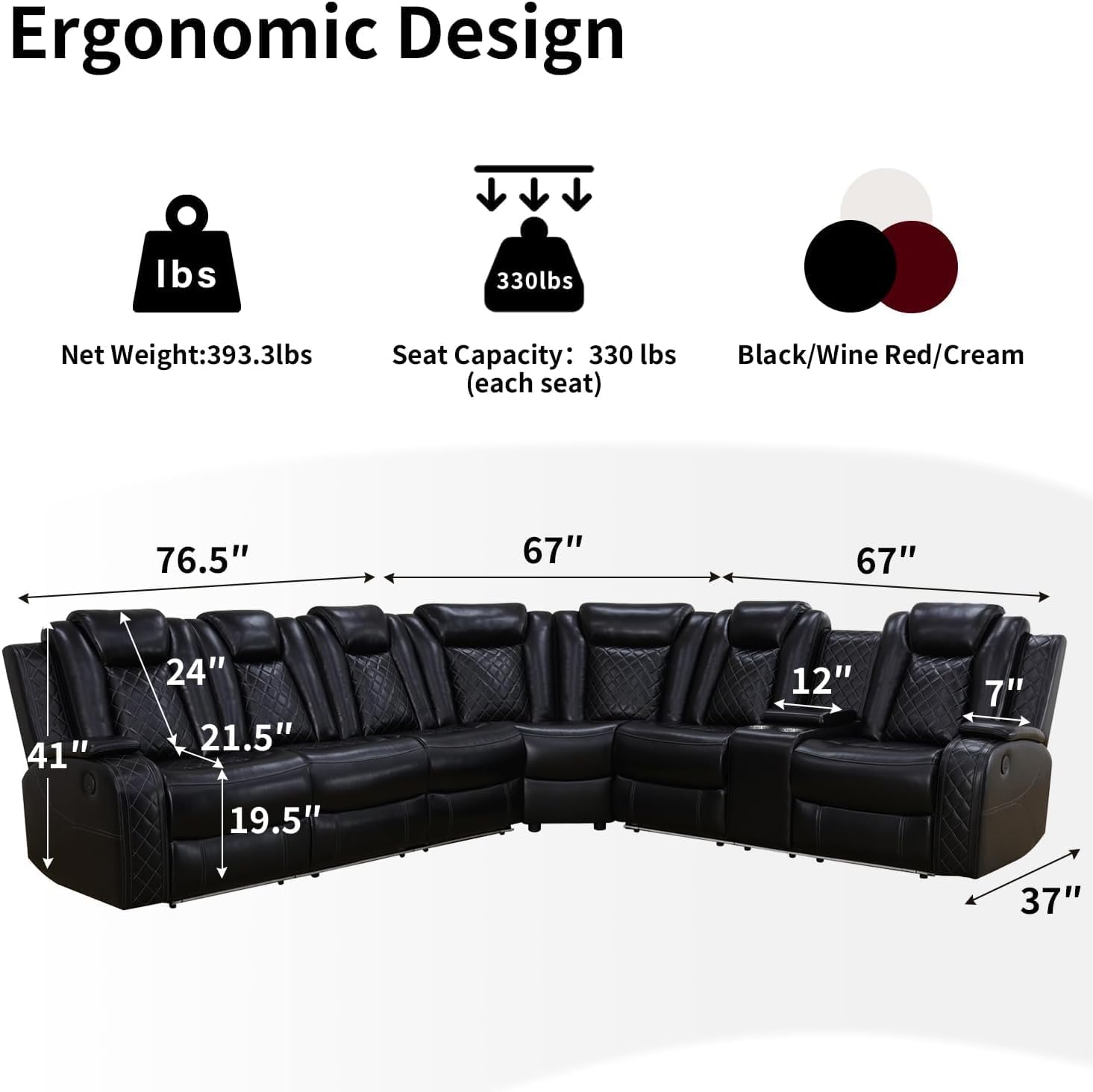 Power Recliner Sofa Sectional Sofa with LED Light for Living Room, Air Leather Reclining Corner Sectional Sofa Set, Cup Holder, Storage Console for Home Theater Seating (Black, Sectional)