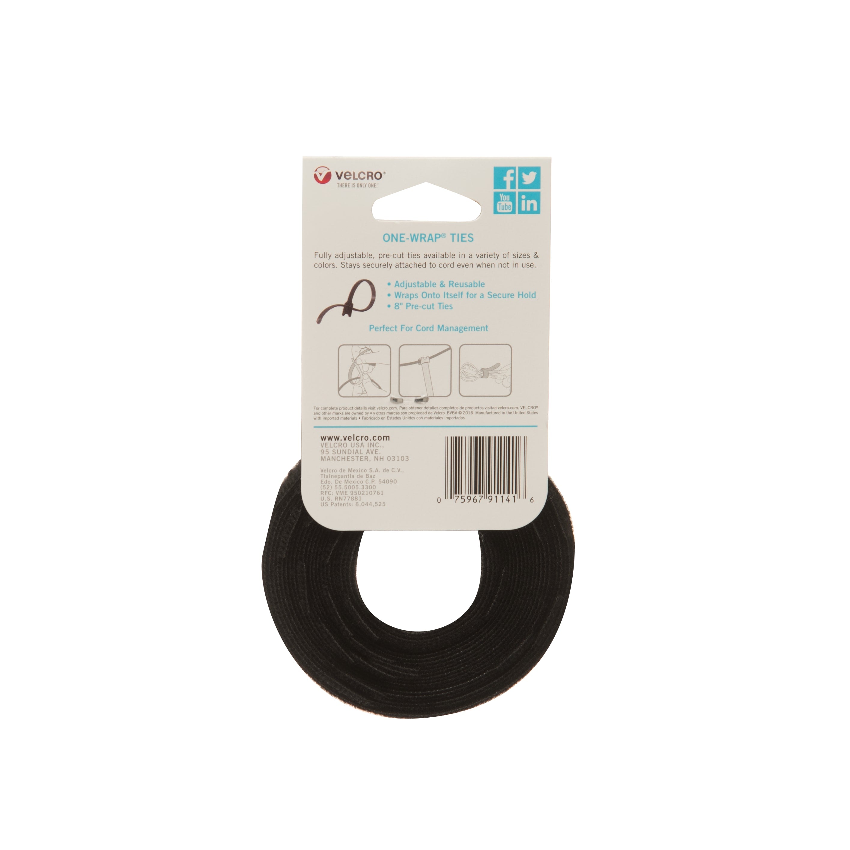 VELCRO Brand 8-in Black One-wrap Ties 8in X 1/4in Ties Black Hook and Loop Fastener (25-Pack)