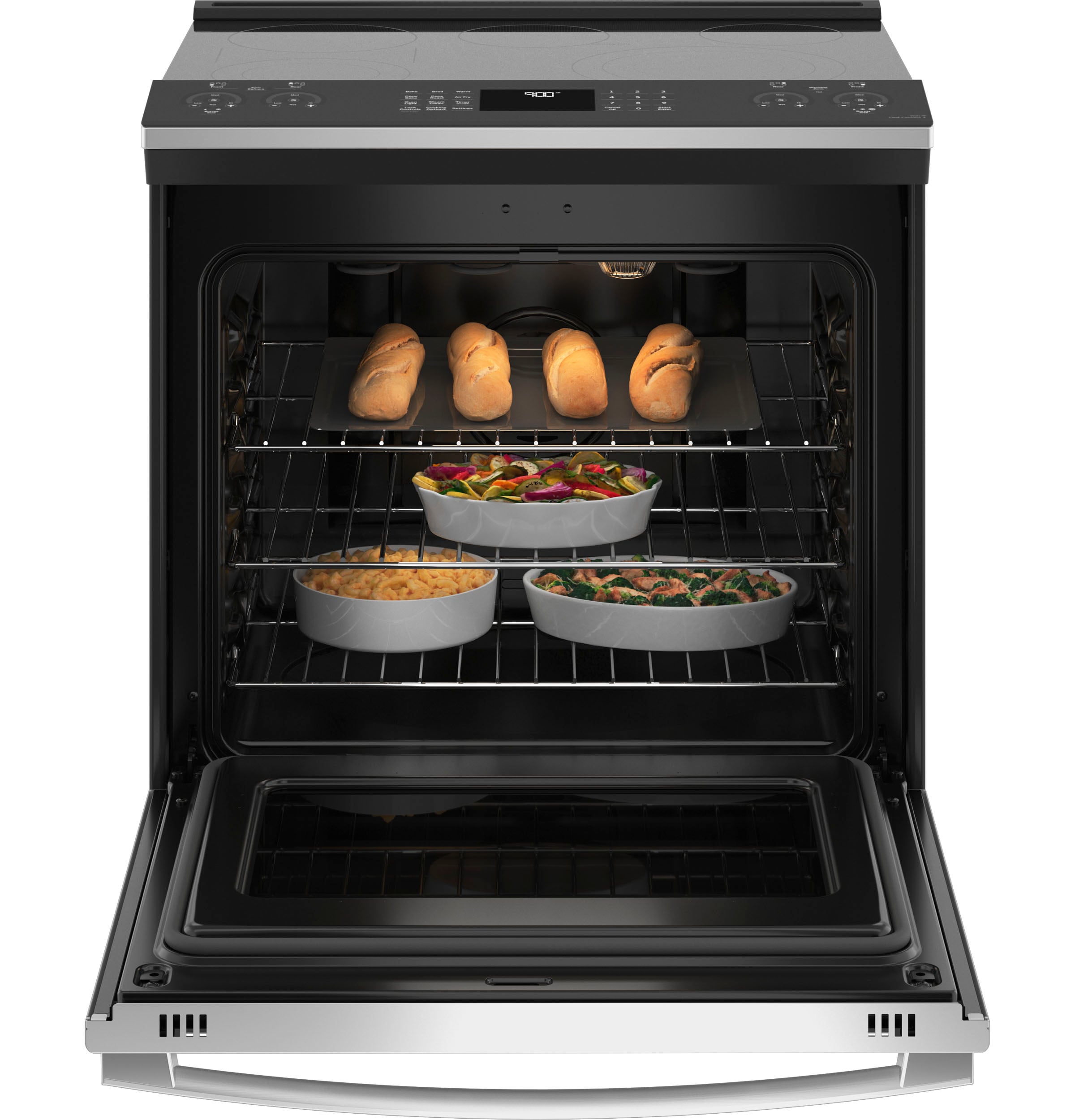 GE Profile 30-in Glass Top 5 burners 5.3-cu ft Air Fry Convection Oven Slide-In Electric Range ( Fingerprint Resistant Stainless Steel )