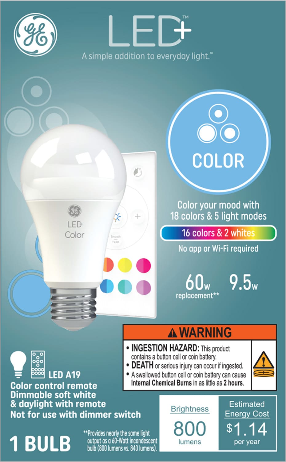 GE LED+ Color 60-Watt EQ A19 Full Spectrum Medium Base (e-26) Dimmable LED General Purpose Light Bulb