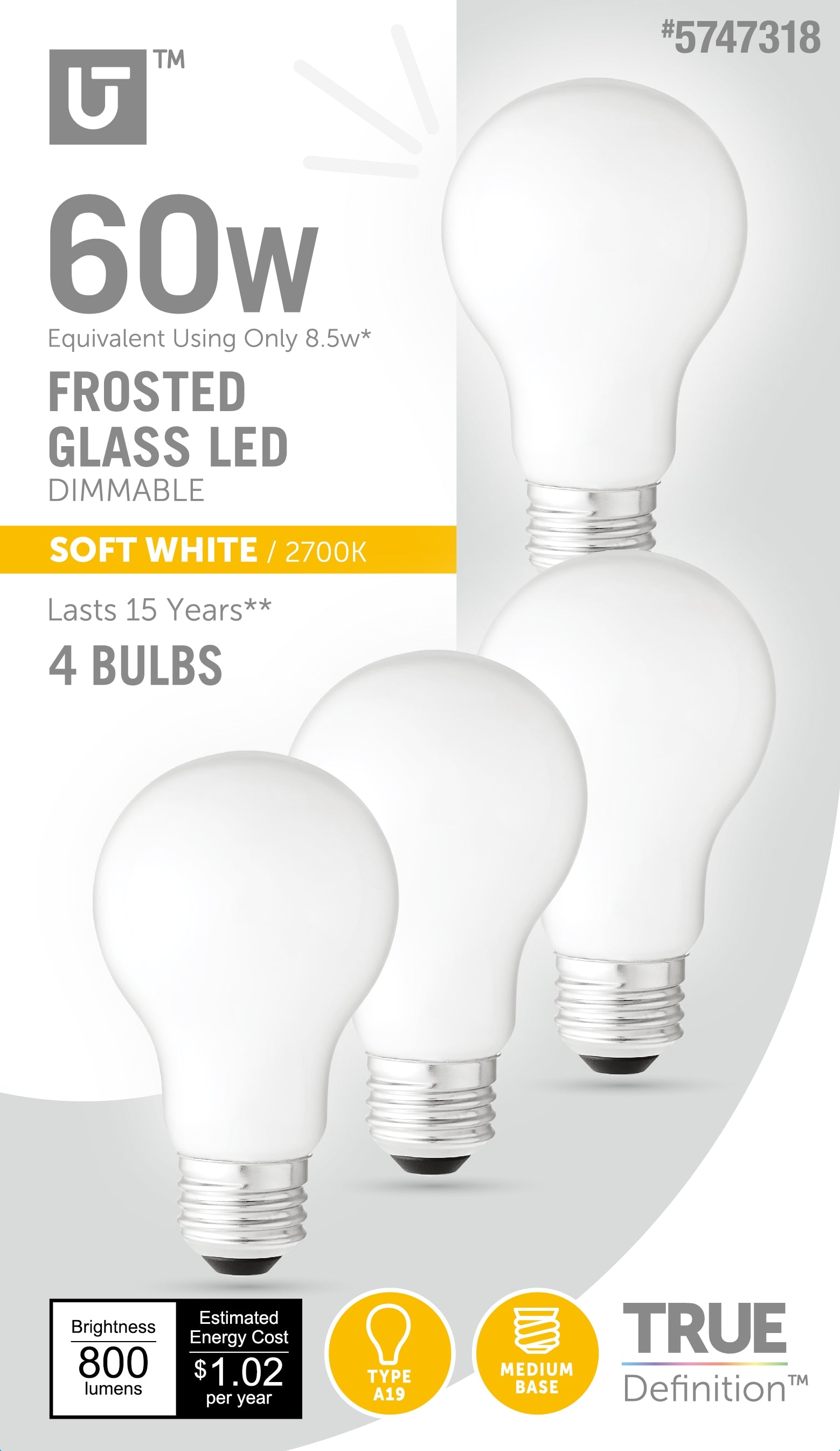 Utilitech 60-Watt EQ A19 Soft White E26 Dimmable LED General Purpose Light Bulb (4-Pack)