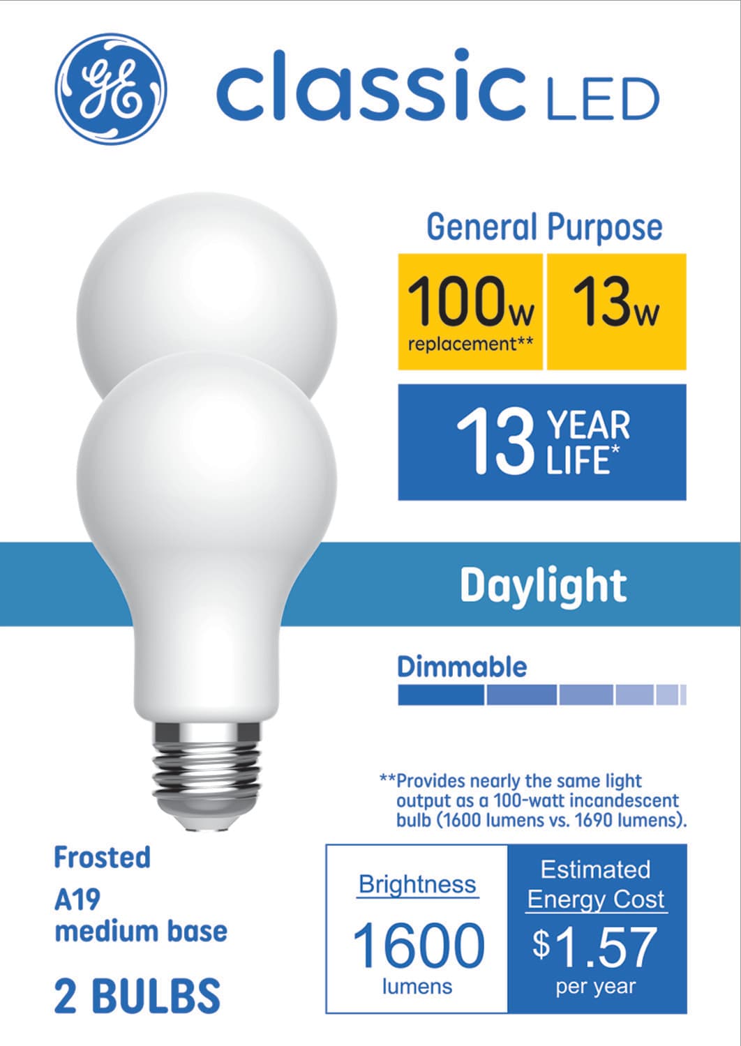 GE Classic 100-Watt EQ A19 Daylight Medium Base (e-26) Dimmable LED General Purpose Light Bulb (2-Pack)