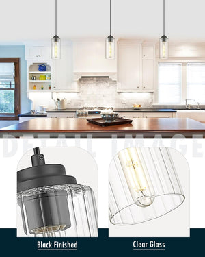 3 Pack Modern Pendant Light Fixtures, Kitchen Island Light with Clear Glass Shade and Adjustable Cord, Black Industrial Hanging Pendant Lighting for Dining Room Bedroom, DD034 - 1 - BK3 - Stu's Home Improvement Outlet