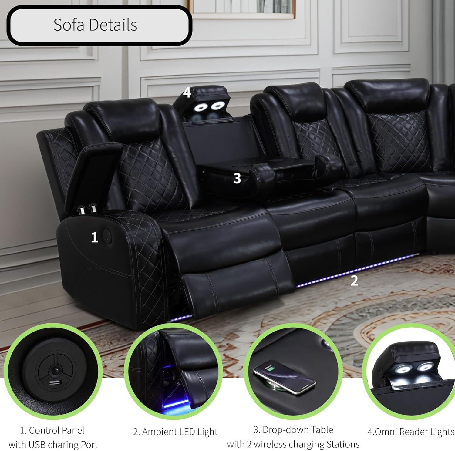 Power Recliner Sofa Sectional Sofa with LED Light for Living Room, Air Leather Reclining Corner Sectional Sofa Set, Cup Holder, Storage Console for Home Theater Seating (Black, Sectional) - Stu's Home Improvement Outlet