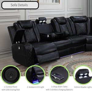 Power Recliner Sofa Sectional Sofa with LED Light for Living Room, Air Leather Reclining Corner Sectional Sofa Set, Cup Holder, Storage Console for Home Theater Seating (Black, Sectional) - Stu's Home Improvement Outlet