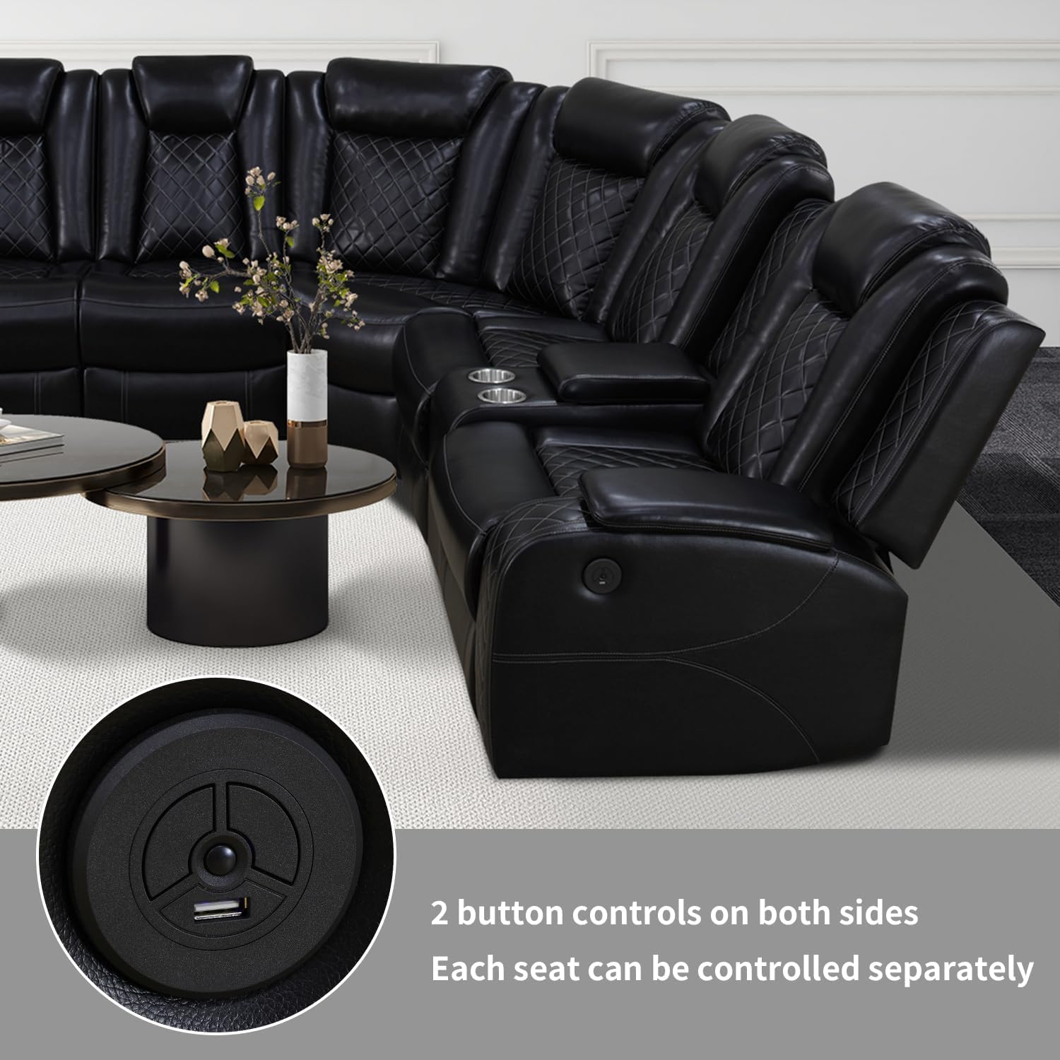 Power Recliner Sofa Sectional Sofa with LED Light for Living Room, Air Leather Reclining Corner Sectional Sofa Set, Cup Holder, Storage Console for Home Theater Seating (Black, Sectional) - Stu's Home Improvement Outlet