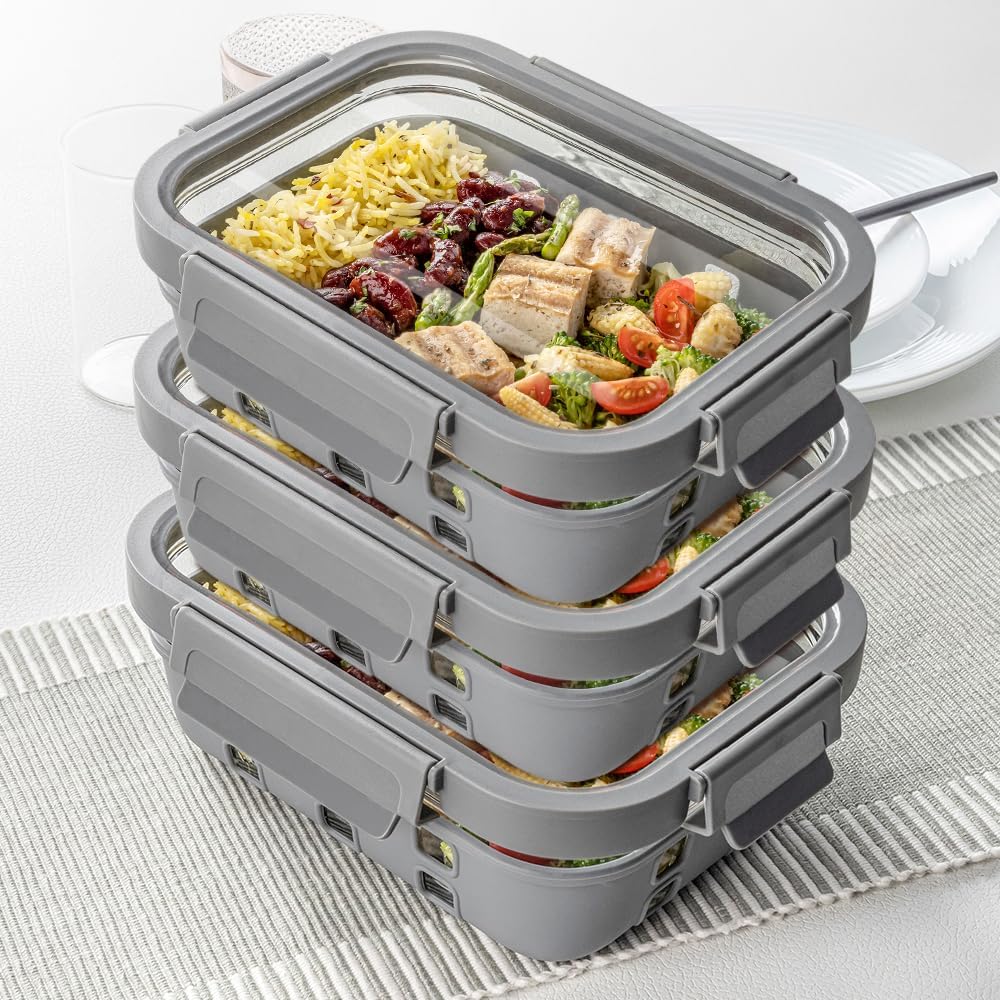 Borosil Klip N Store Plus 3pc Set Rectangle Glass Food Storage Container with Air Tight Glass Lid (1040ml Each) | Borosilicate Glass Container for Lunchbox | Microwave & Dishwasher Safe | Transparent