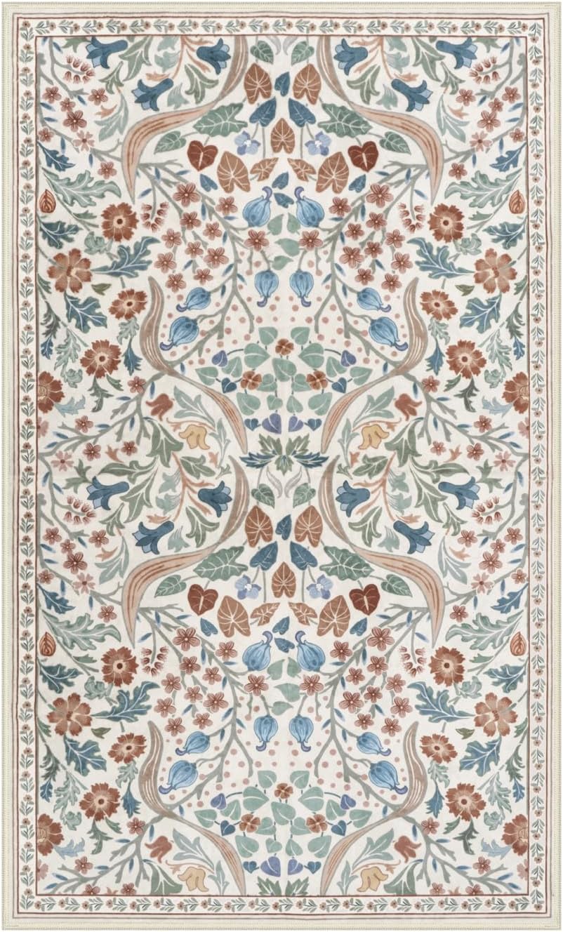 Moynesa Floral Washable Area Rugs, 3x5 Rugs for Bedroom Non Slip Soft Entry Rug, Boho Flower Small Living Room Throw Rug Ultra Thin Floor Carpet for Dorm Bathroom Nursery, Beige - Stu's Home Improvement Outlet