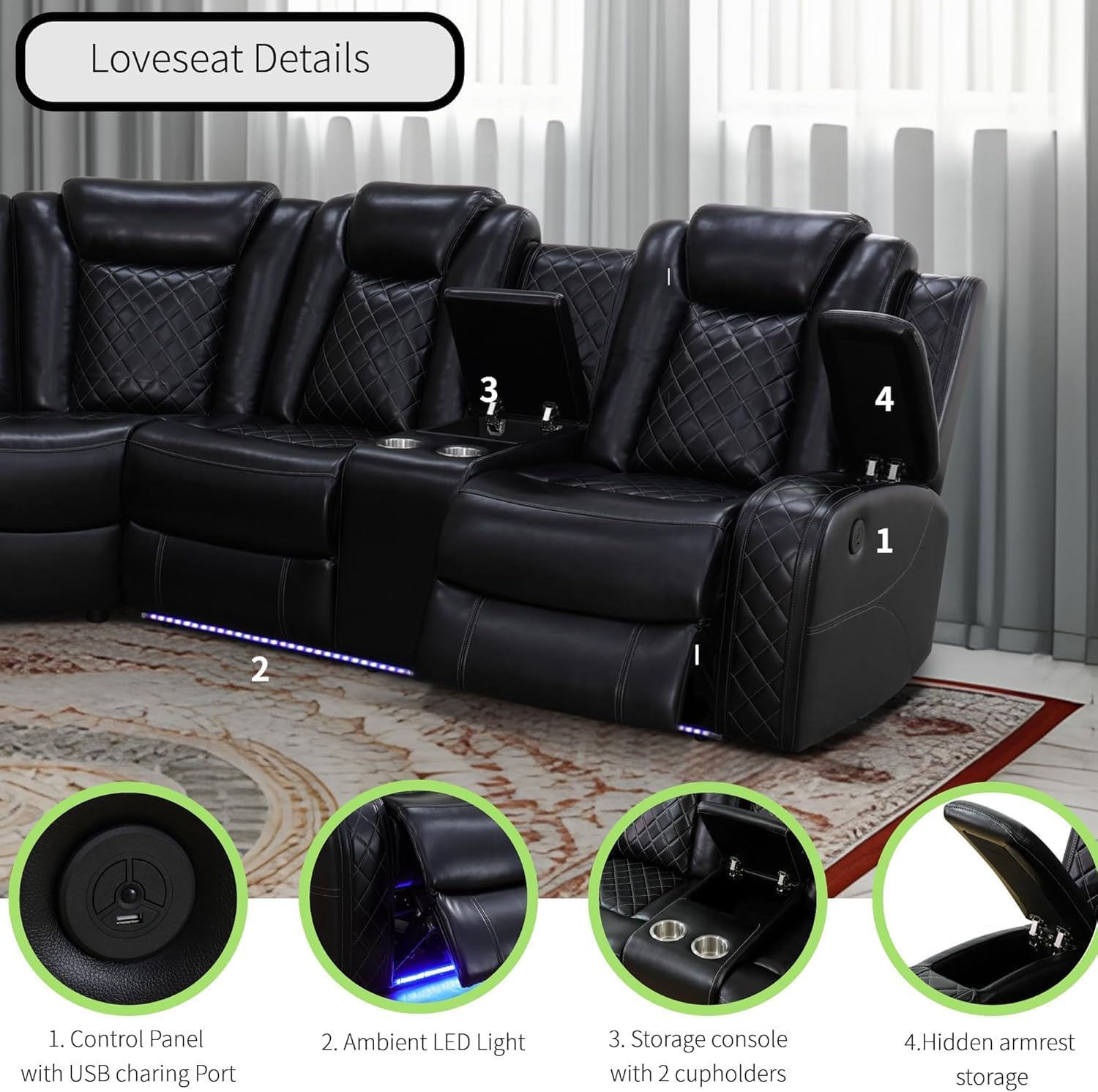 Power Recliner Sofa Sectional Sofa with LED Light for Living Room, Air Leather Reclining Corner Sectional Sofa Set, Cup Holder, Storage Console for Home Theater Seating (Black, Sectional) - Stu's Home Improvement Outlet