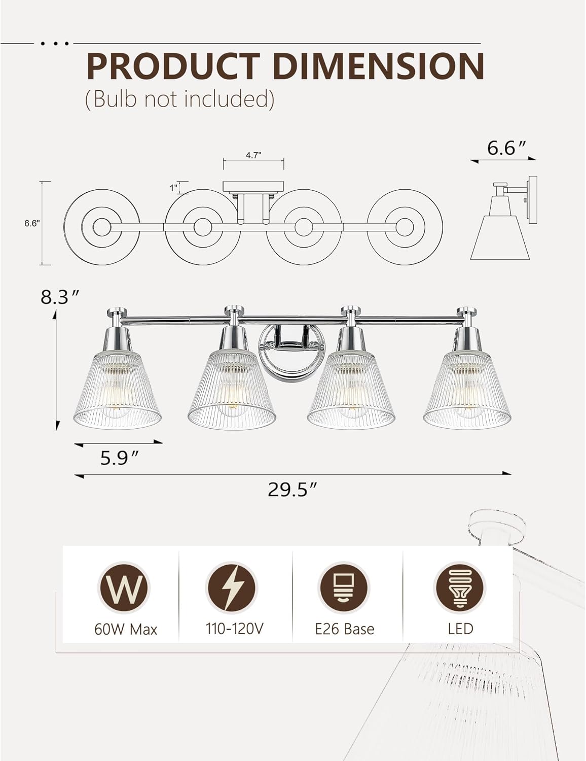 FEMILA Chrome Bathroom Light Fixtures, 29.5" Vanity Lighting Fixtures, 4 - Light Bathroom Vanity Light with Fluted Ripple Glass Shade for Bathroom, Kitchen,4FG75BG1 - 4W CH - Stu's Home Improvement Outlet
