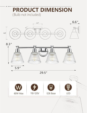 FEMILA Chrome Bathroom Light Fixtures, 29.5" Vanity Lighting Fixtures, 4 - Light Bathroom Vanity Light with Fluted Ripple Glass Shade for Bathroom, Kitchen,4FG75BG1 - 4W CH - Stu's Home Improvement Outlet