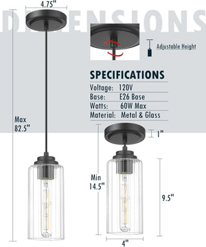 3 Pack Modern Pendant Light Fixtures, Kitchen Island Light with Clear Glass Shade and Adjustable Cord, Black Industrial Hanging Pendant Lighting for Dining Room Bedroom, DD034 - 1 - BK3 - Stu's Home Improvement Outlet