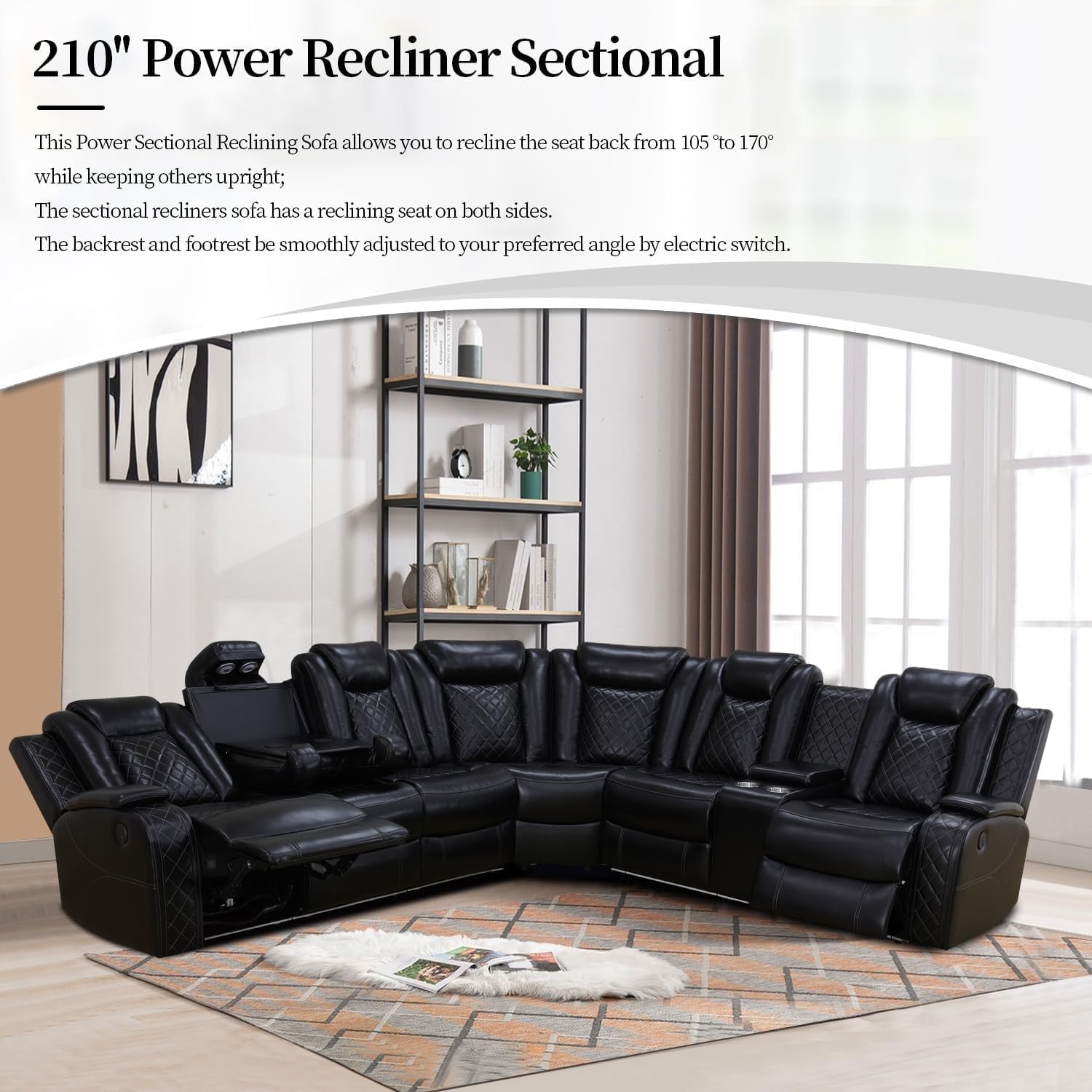 Power Recliner Sofa Sectional Sofa with LED Light for Living Room, Air Leather Reclining Corner Sectional Sofa Set, Cup Holder, Storage Console for Home Theater Seating (Black, Sectional) - Stu's Home Improvement Outlet