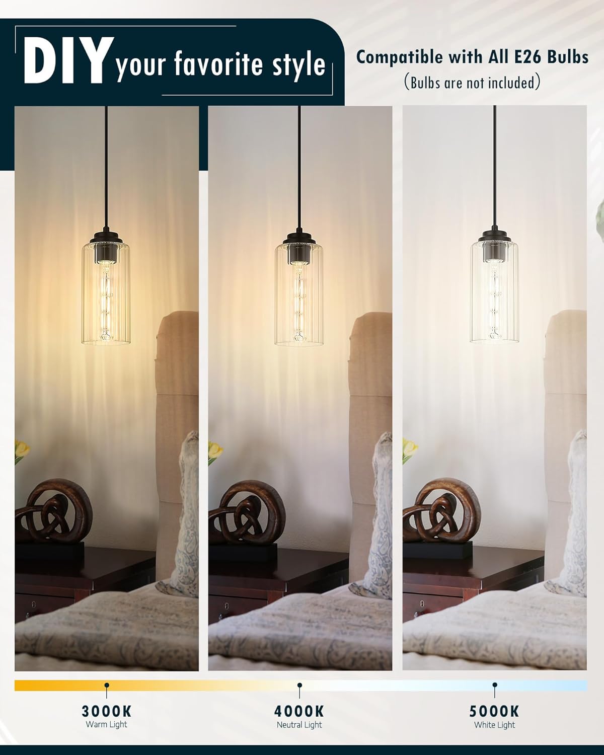 3 Pack Modern Pendant Light Fixtures, Kitchen Island Light with Clear Glass Shade and Adjustable Cord, Black Industrial Hanging Pendant Lighting for Dining Room Bedroom, DD034 - 1 - BK3 - Stu's Home Improvement Outlet