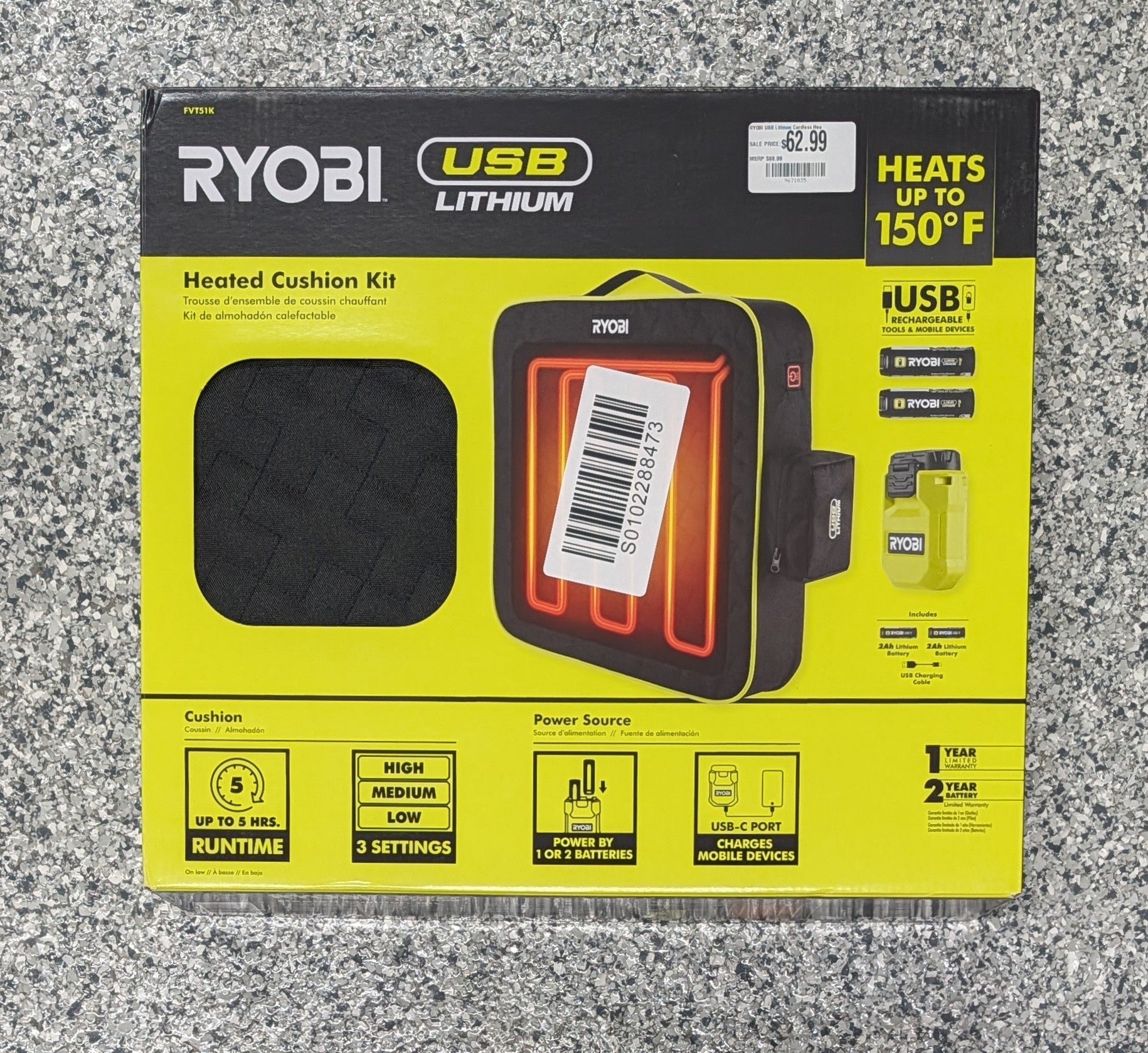 RYOBI USB Lithium Cordless Heated Cushion Kit with (2) 2.0 Ah Batteries and Charging Cable