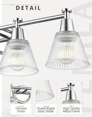 FEMILA Chrome Bathroom Light Fixtures, 29.5" Vanity Lighting Fixtures, 4 - Light Bathroom Vanity Light with Fluted Ripple Glass Shade for Bathroom, Kitchen,4FG75BG1 - 4W CH - Stu's Home Improvement Outlet