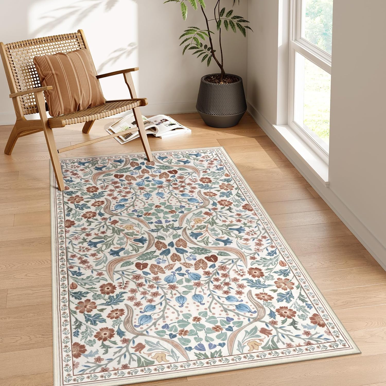 Moynesa Floral Washable Area Rugs, 3x5 Rugs for Bedroom Non Slip Soft Entry Rug, Boho Flower Small Living Room Throw Rug Ultra Thin Floor Carpet for Dorm Bathroom Nursery, Beige - Stu's Home Improvement Outlet