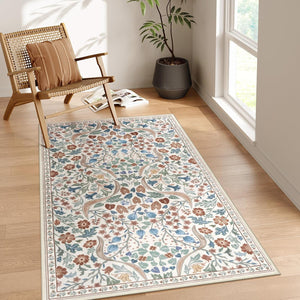 Moynesa Floral Washable Area Rugs, 3x5 Rugs for Bedroom Non Slip Soft Entry Rug, Boho Flower Small Living Room Throw Rug Ultra Thin Floor Carpet for Dorm Bathroom Nursery, Beige - Stu's Home Improvement Outlet