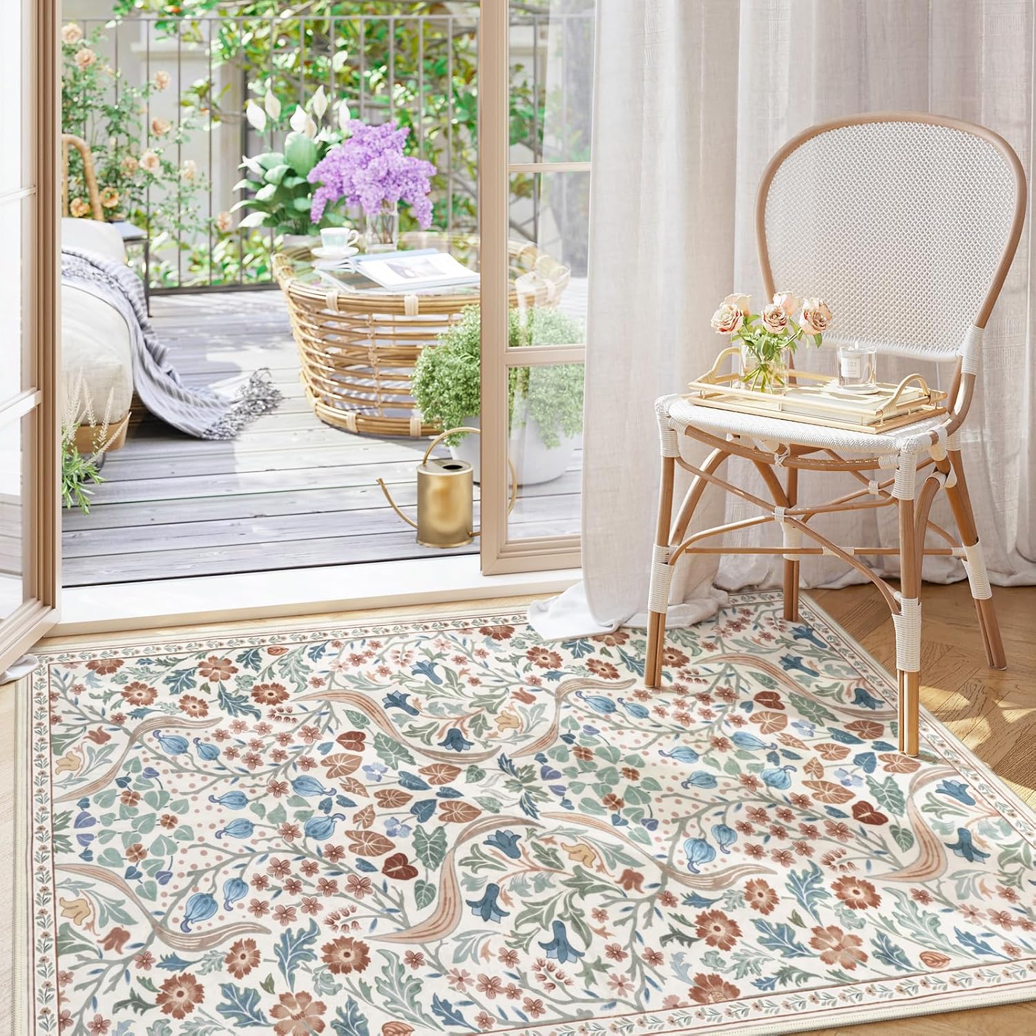 Moynesa Floral Washable Area Rugs, 3x5 Rugs for Bedroom Non Slip Soft Entry Rug, Boho Flower Small Living Room Throw Rug Ultra Thin Floor Carpet for Dorm Bathroom Nursery, Beige - Stu's Home Improvement Outlet