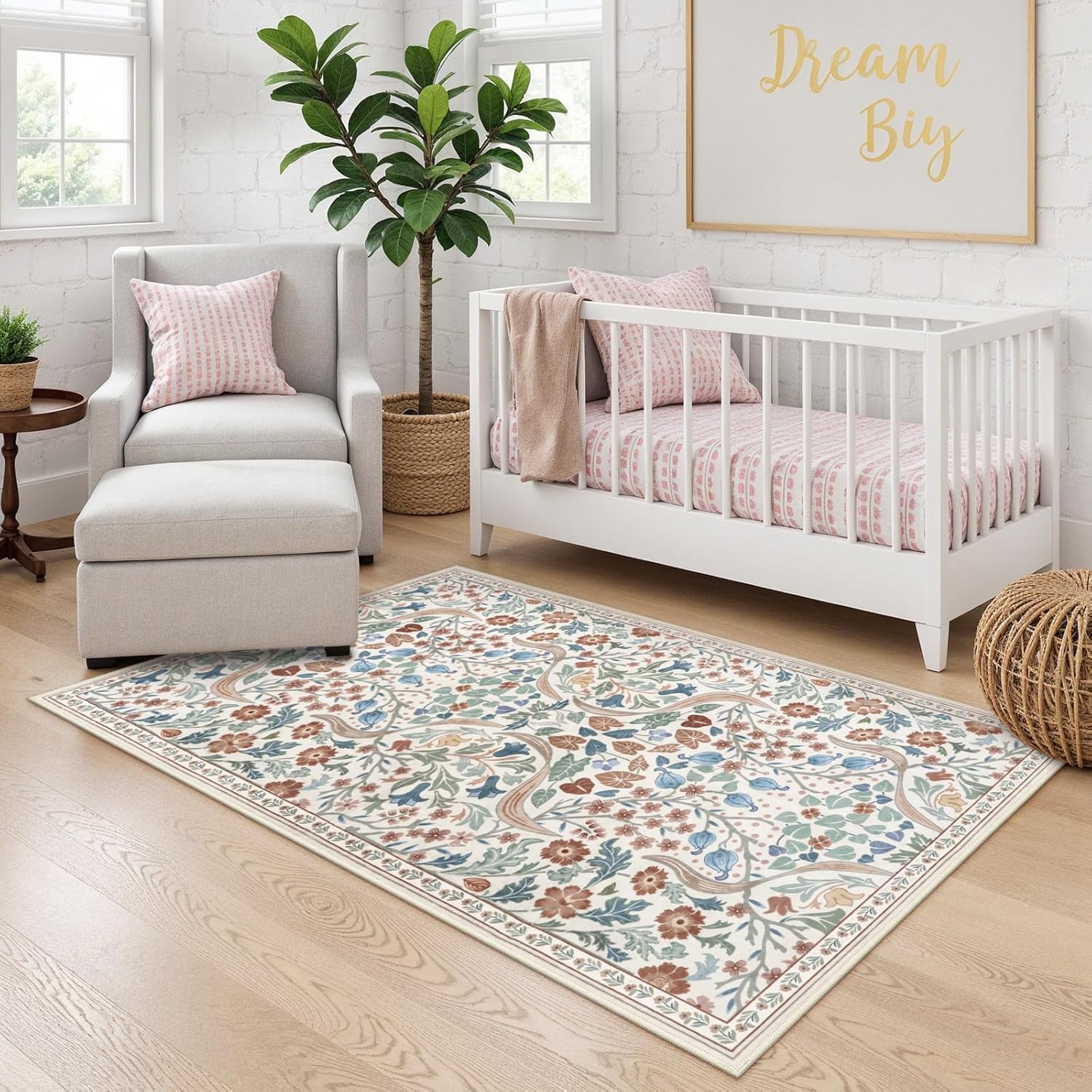 Moynesa Floral Washable Area Rugs, 3x5 Rugs for Bedroom Non Slip Soft Entry Rug, Boho Flower Small Living Room Throw Rug Ultra Thin Floor Carpet for Dorm Bathroom Nursery, Beige - Stu's Home Improvement Outlet