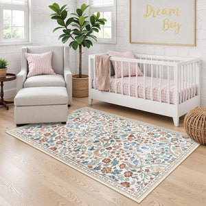 Moynesa Floral Washable Area Rugs, 3x5 Rugs for Bedroom Non Slip Soft Entry Rug, Boho Flower Small Living Room Throw Rug Ultra Thin Floor Carpet for Dorm Bathroom Nursery, Beige - Stu's Home Improvement Outlet