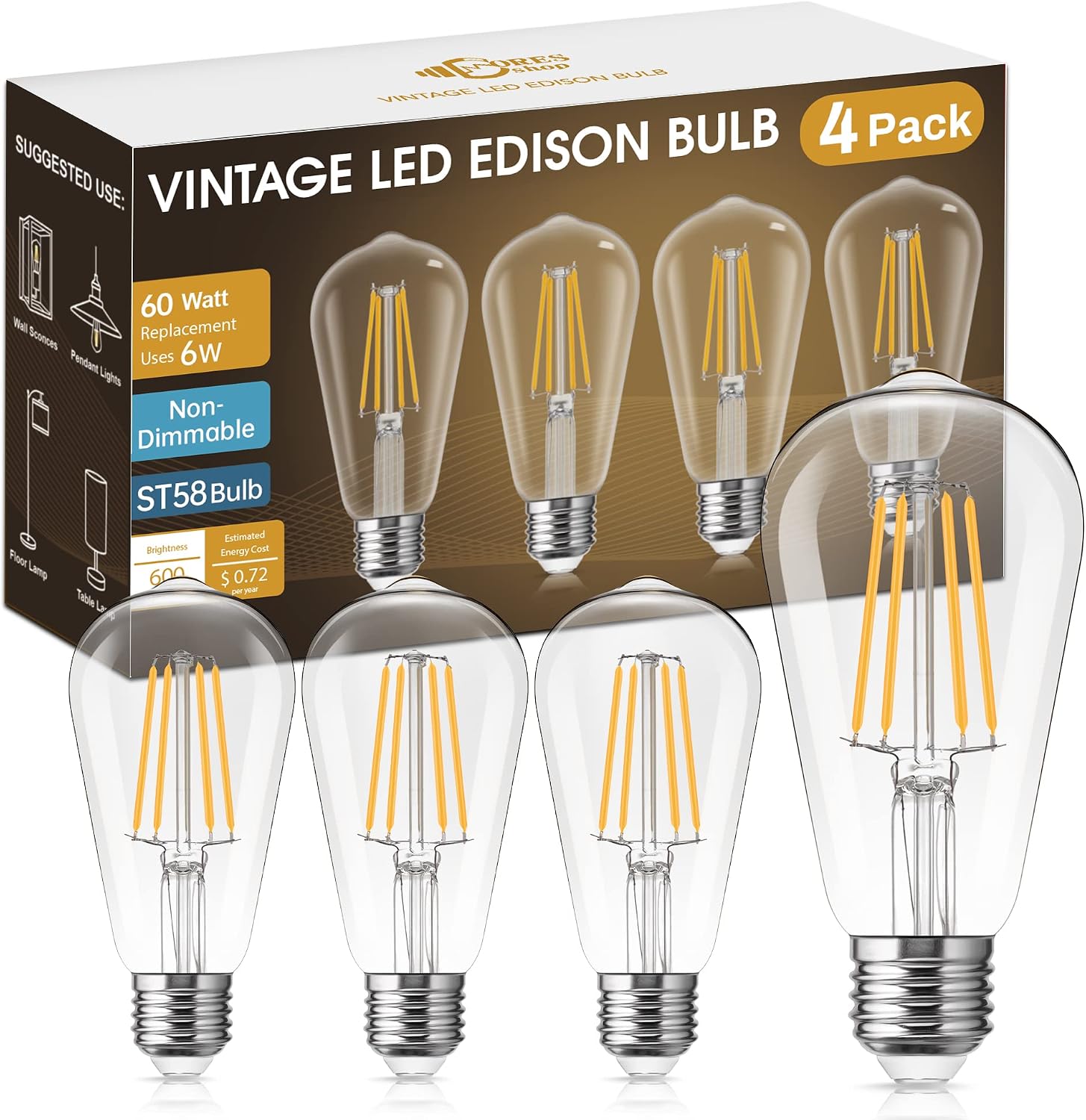 DORESshop Vintage LED Edison Bulbs,Non-Dimmable, 6W Warm Light Bulbs 60 Watt Equivalent,2700K Warm White, ST58 Antique LED Filament Bulbs,E26 Medium Base,Clear Glass,4 Pack