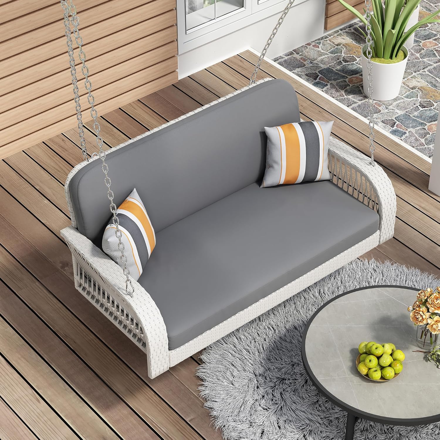 2-Person Patio Porch Swing with Soft Cushions, Wicker Swing Bench with Chains, Outdoor Hanging with 2 Pillows, for Poolside Balcony Garden, White and Gray