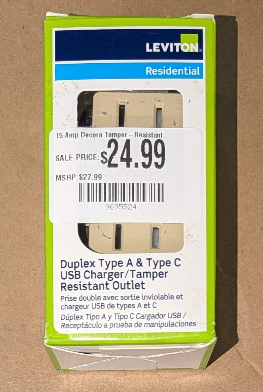 15 Amp Decora Tamper - Resistant Duplex Outlet with Type A and C USB Charger, Ivory T5633 - I - Stu's Home Improvement Outlet